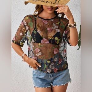 SHEIN Vacay Sheer Floral Mesh Plus Size Top